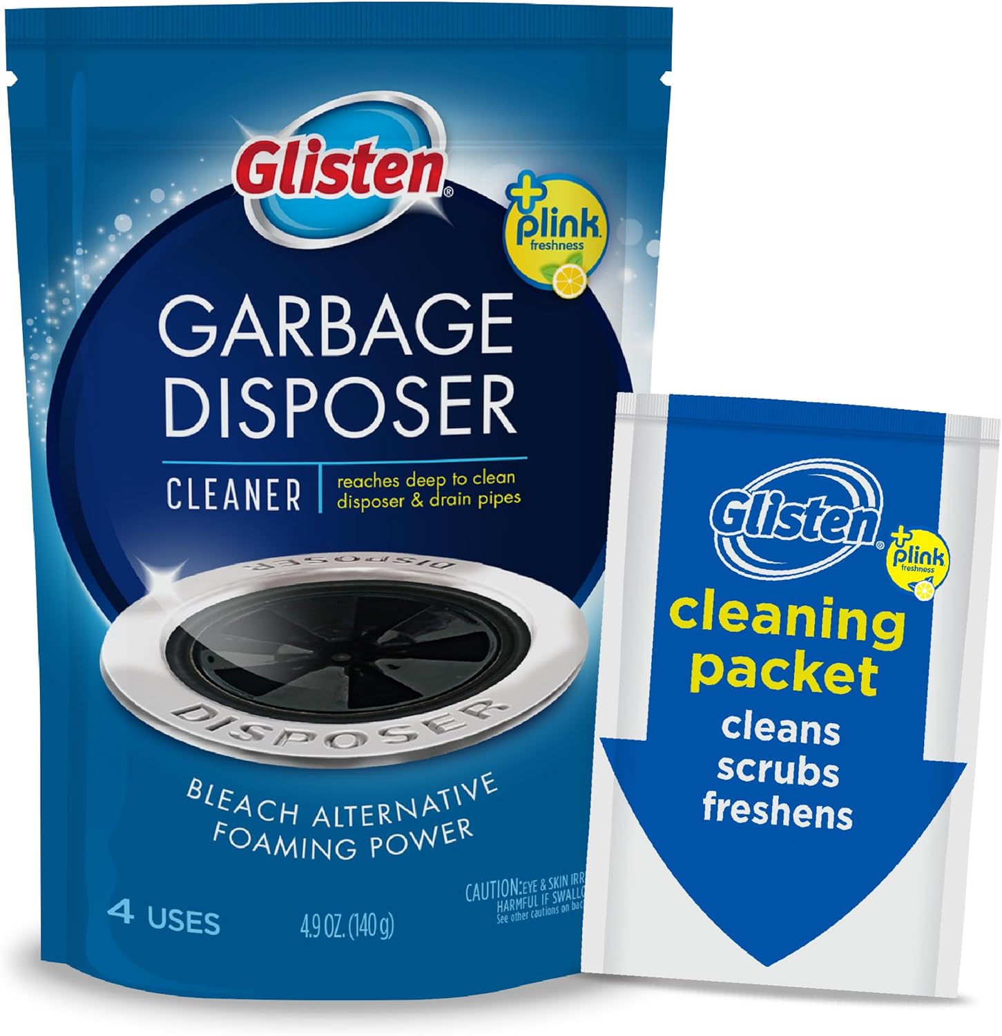 Glisten Garbage Disposer Cleaner and Freshener, Sink Disposal Odor Eliminator with Foaming Action, Lemon Scent, Made in the USA, 4 Packets
