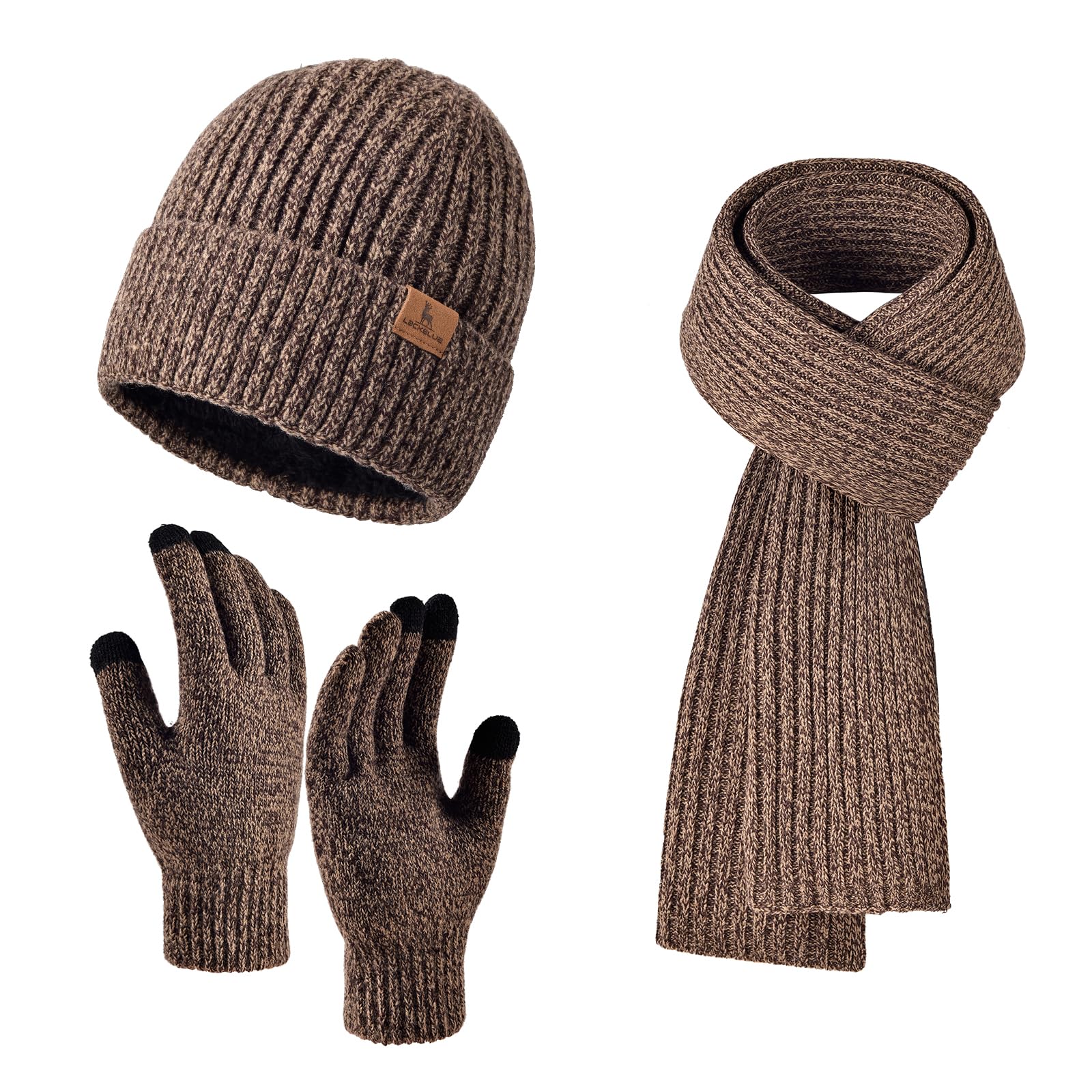 Men Women Winter Beanie Hats Scarf with Touchscreen Gloves Warm Knit Themal Gloves Long Scarf Set with Fleece Lined