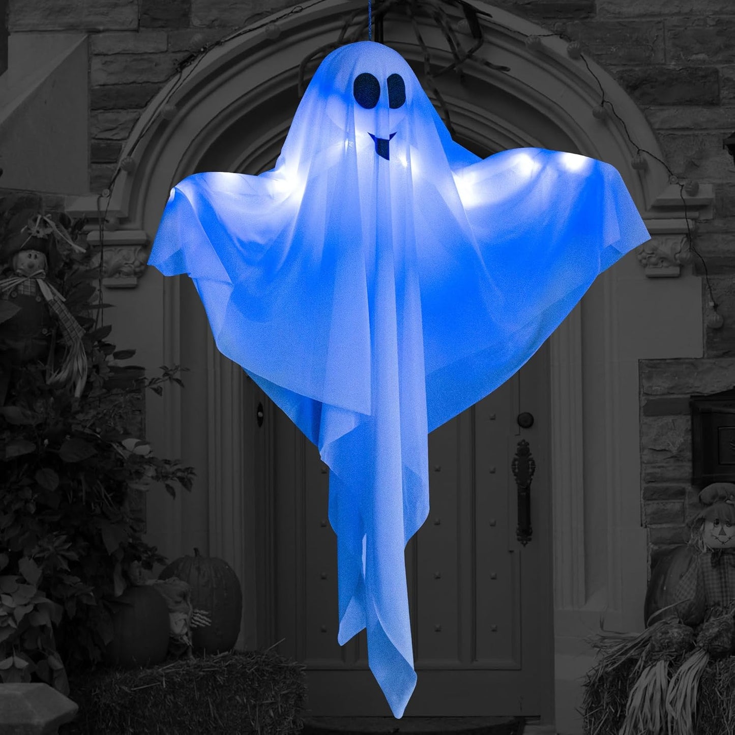 4 Pack Halloween Hanging Ghost Decorations, 27.5" Light Up Spooky Floating Ghosts with Blue LED, Outdoor & Indoor Haunted House, Porch, Yard, Party Decor, Patio Lawn Garden