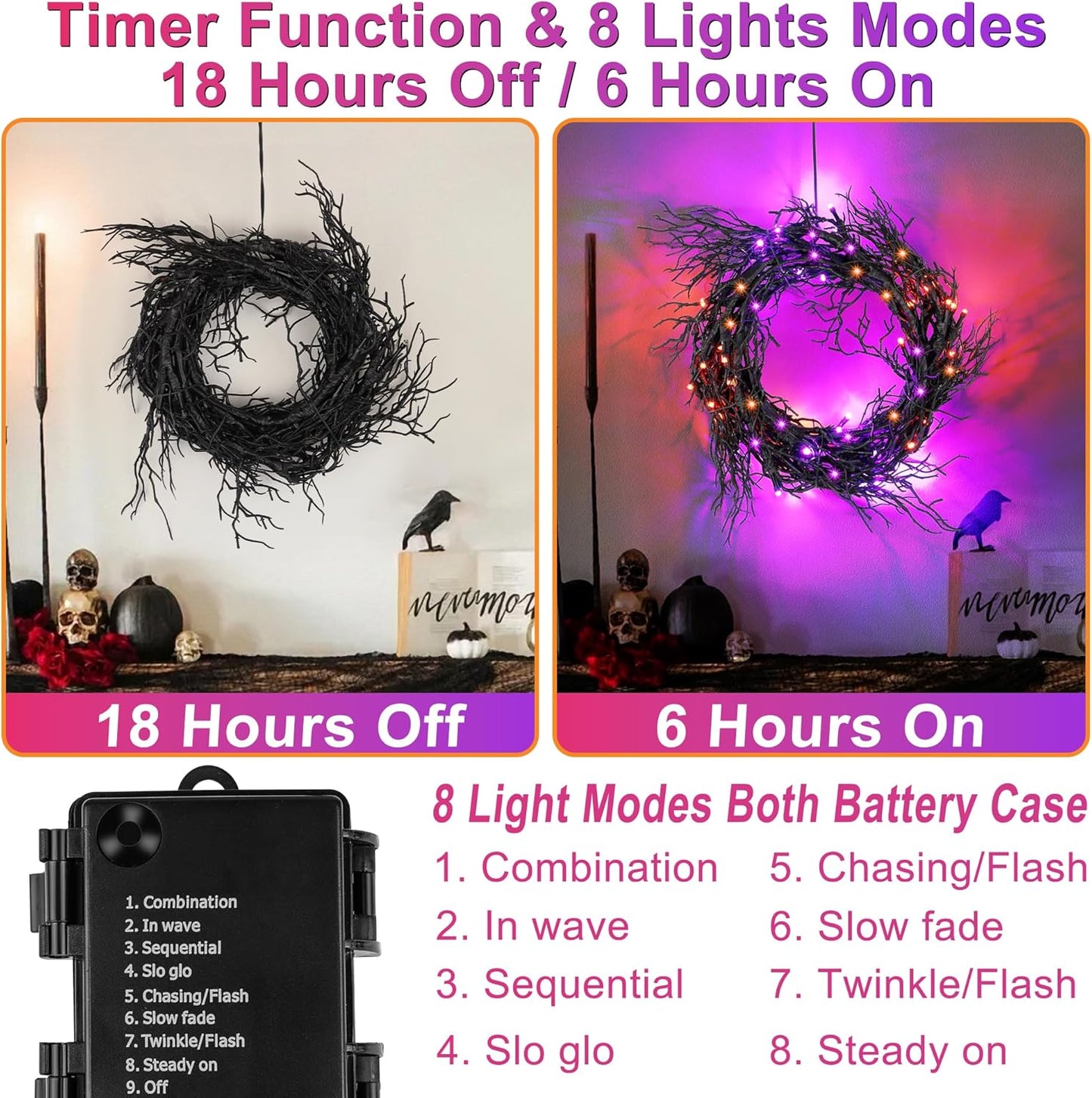 9 FT 66 LED Halloween Black Garland Willow Vine Twig Decor with Orange & Purple Light, 8 Modes & Timer Battery Operated Waterproof Halloween Decorations Indoor for Mantle Fireplace Home Party Decor