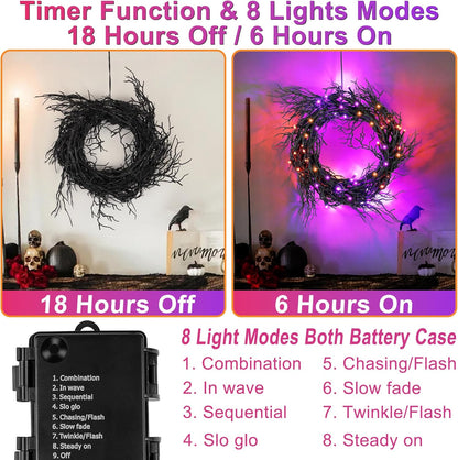9 FT 66 LED Halloween Black Garland Willow Vine Twig Decor with Orange & Purple Light, 8 Modes & Timer Battery Operated Waterproof Halloween Decorations Indoor for Mantle Fireplace Home Party Decor