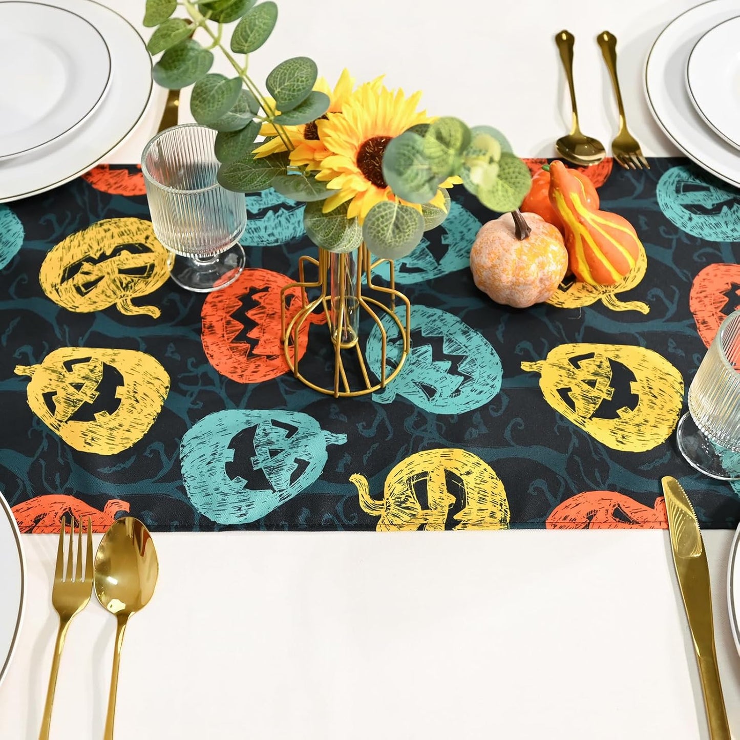 Halloween Black Pumpkin Table Runner Festive Fall Kitchen Dining Decor Premium Seasonal Tablecloth for Home & Party 13x72 Inch