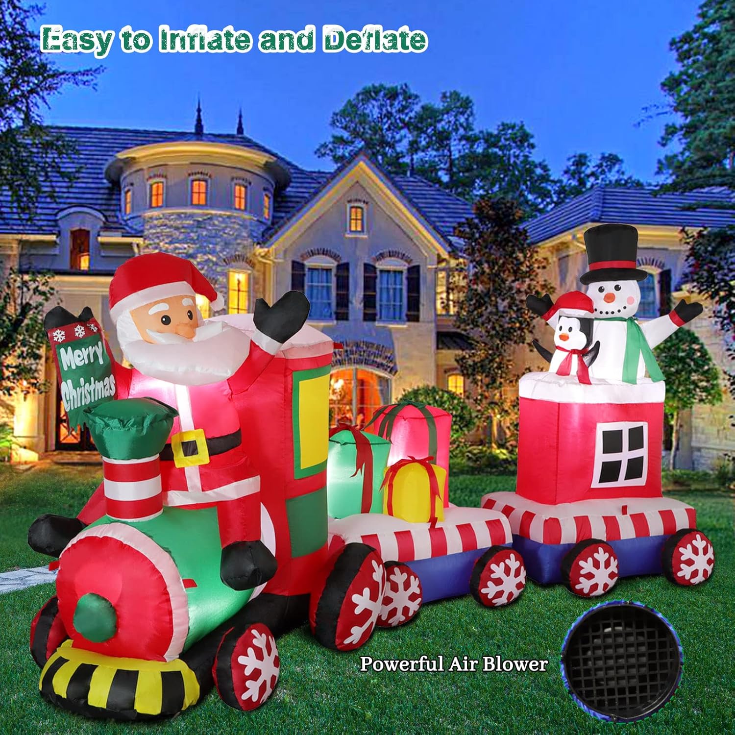 8 FT Christmas Inflatable Train with Santa Claus, Snowman, Penguin, Gift Boxes, Xmas Blow Up Yard Decors with Built-in Led Lights, Lovely Train Carriage for Holiday Display Lawn Garden Party Decor