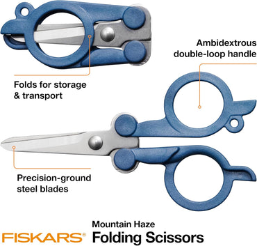 FISKARS Folding Travel Scissors - TSA-Compliant and Portable - Stainless Steel Blades and Blue Handles