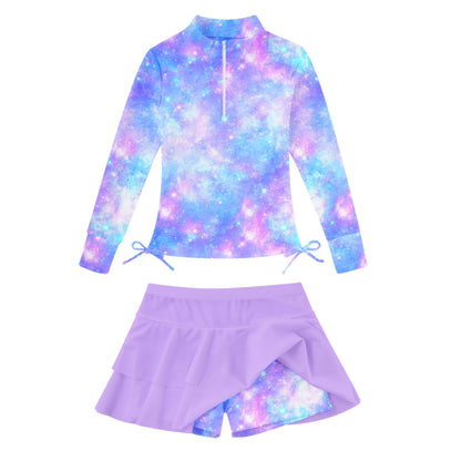 Vogseek 3-12T Girls Rash Guard 2 Pieces Bathing Suit Long Sleeve Swimsuit Swimming Skirt with Shorts Swimwear