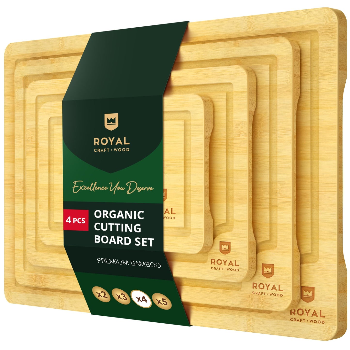 ROYAL CRAFT WOOD Wooden Cutting Boards for Kitchen Meal Prep & Serving - Bamboo Wood Serving Board Set with Deep Juice Groove Side Handles - Charcuterie & Chopping Butcher Block for Meat (3 Pcs)