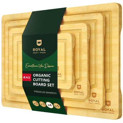 ROYAL CRAFT WOOD Wooden Cutting Boards for Kitchen Meal Prep & Serving - Bamboo Wood Serving Board Set with Deep Juice Groove Side Handles - Charcuterie & Chopping Butcher Block for Meat (3 Pcs)