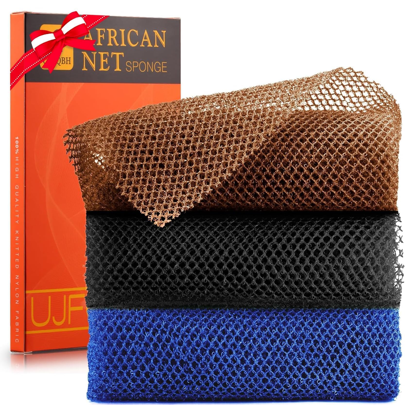 UJFQBH 3 Pieces African Bath Sponge African Net Long Net Bath Sponge Exfoliating Shower Body Scrubber Back Scrubber Skin Smoother,Great for Daily Use (Pink,Yellow,Purple)