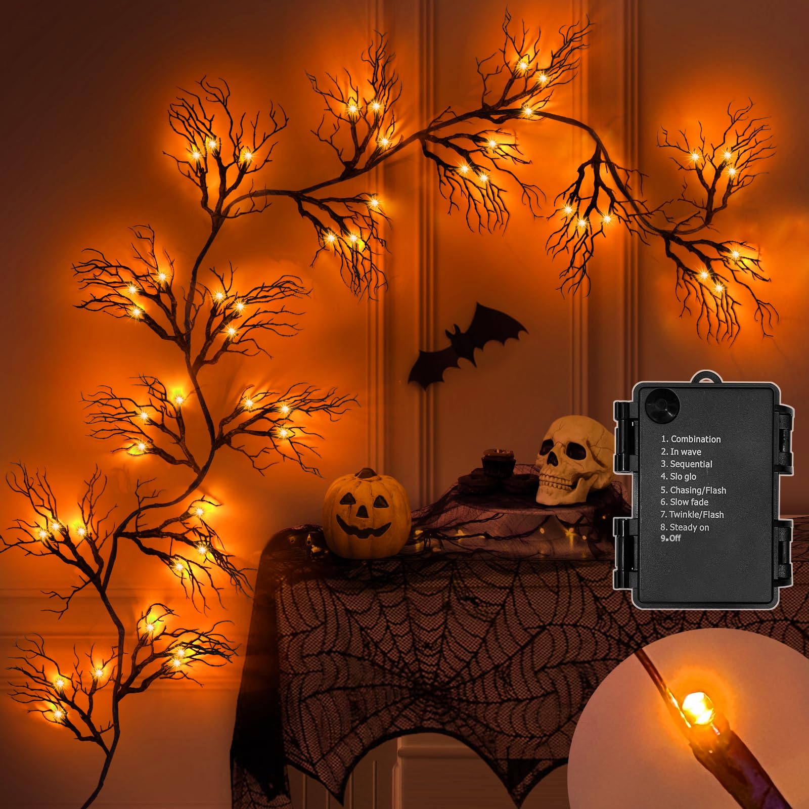 [ 8 Modes & Timer ] 6 Ft 45 LED Halloween Willow Vine Twig Garland Decorations with 15 Pumpkins Orange Lights, Battery Operated Waterproof Halloween Decorations for Home Wall Mantle Fireplace Decor