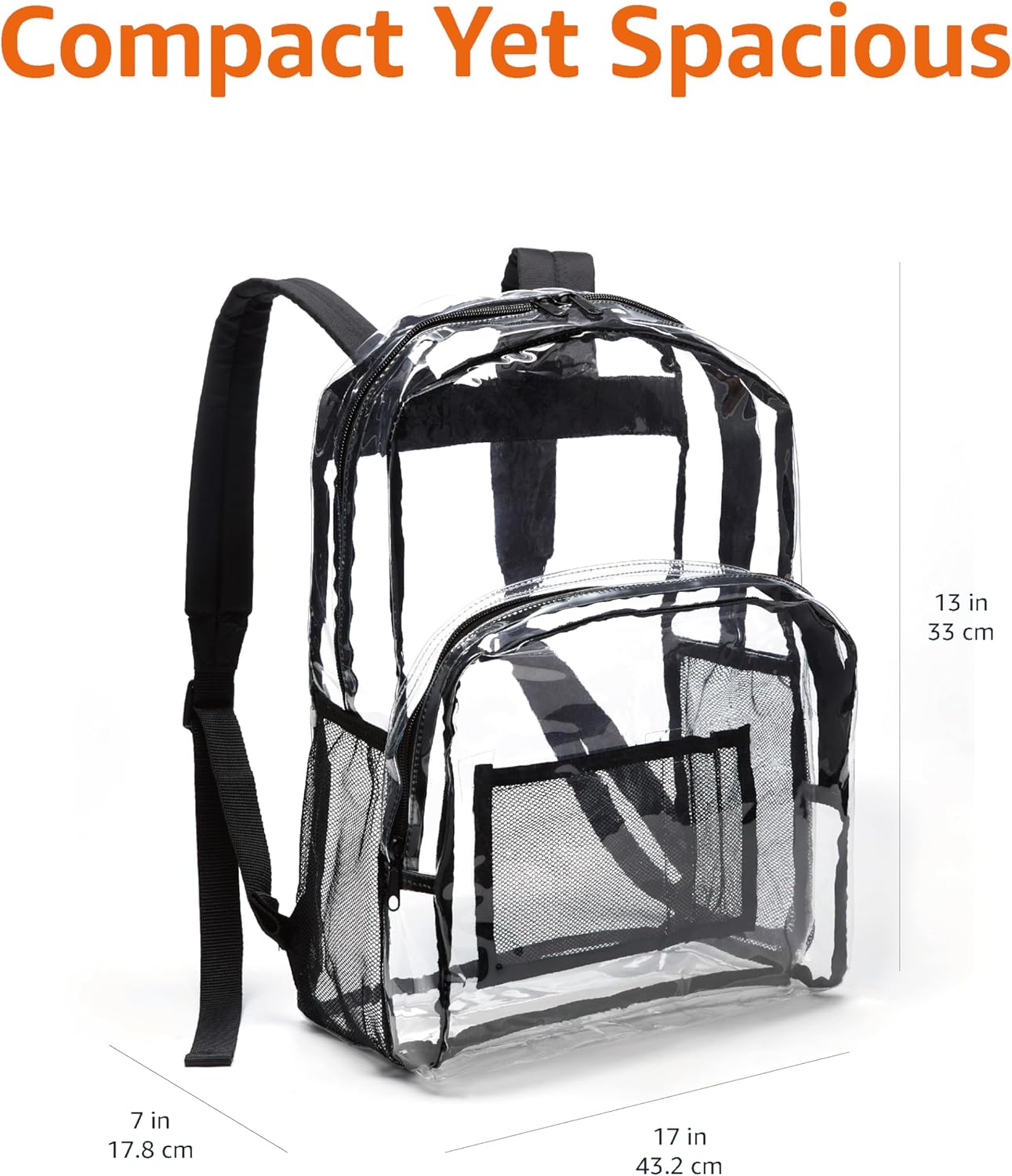 Amazon Basics Transparent School Backpack, With Water-Resistant PVC Plastic Material and Ruggedly Reinforced Shoulder Straps, Clear