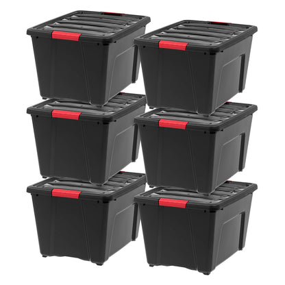 IRIS USA 13 Qt Stackable Plastic Storage Bins with Lids, 6 Pack - BPA-Free, Made in USA - Discreet Organizing Solution, Latches, Durable Nestable Containers, Secure Pull Handle - Pearl