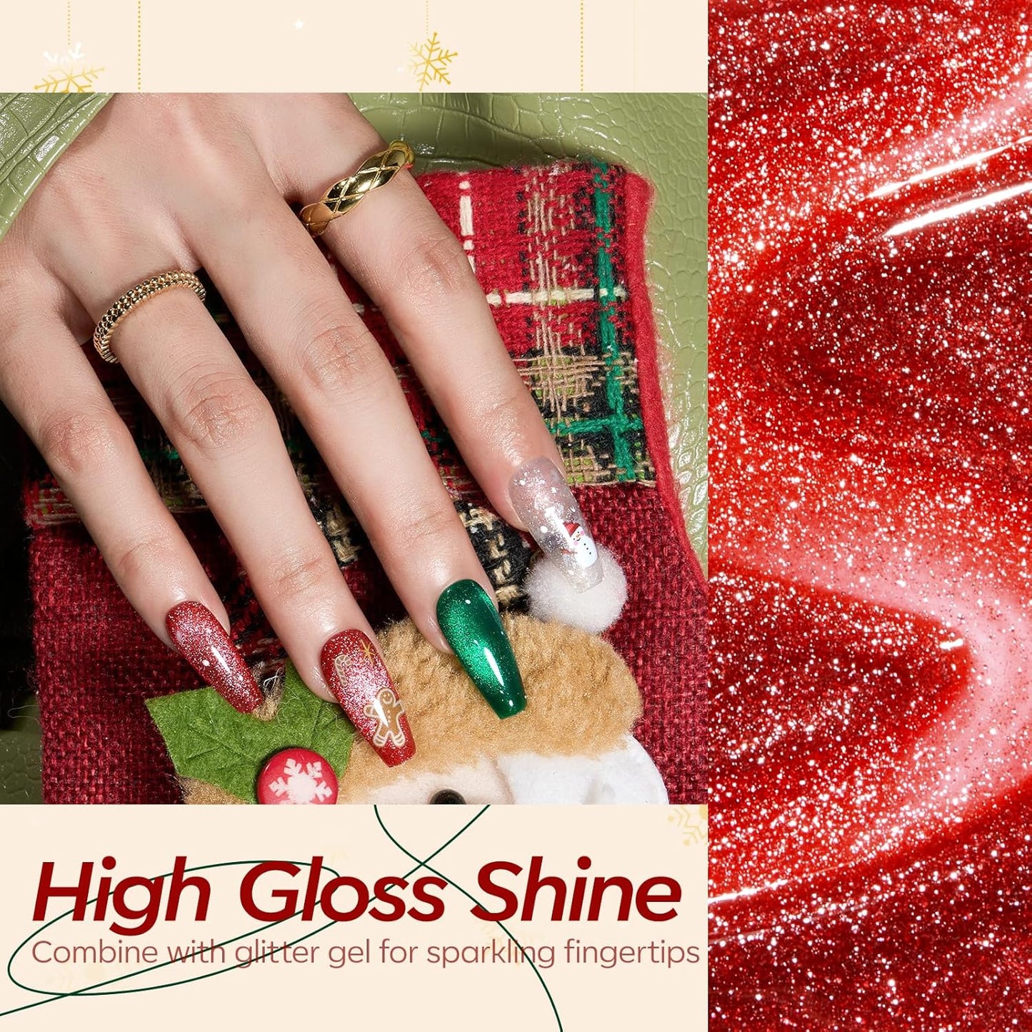 modelones Christmas Gel Nail Polish Set, 6 Colors Cat Eye Red Green Glitter Gold Silver Winter Gel Polish Kit with Magnet Nail Stickers Soak Off Led Nail Art Manicure Salon DIY New Year Holiday Gifts