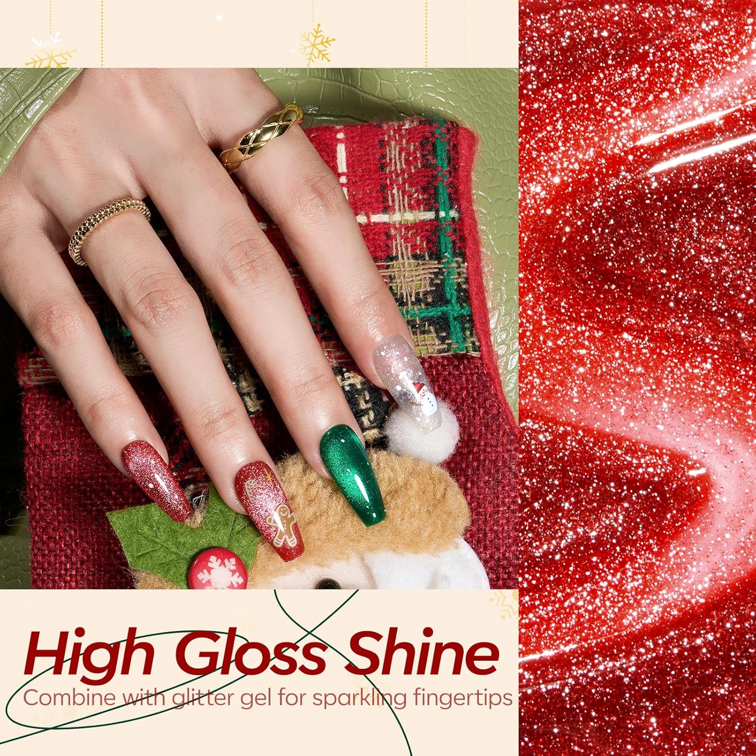 modelones Christmas Gel Nail Polish Set, 6 Colors Cat Eye Red Green Glitter Gold Silver Winter Gel Polish Kit with Magnet Nail Stickers Soak Off Led Nail Art Manicure Salon DIY New Year Holiday Gifts