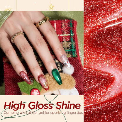 modelones Christmas Gel Nail Polish Set, 6 Colors Cat Eye Red Green Glitter Gold Silver Winter Gel Polish Kit with Magnet Nail Stickers Soak Off Led Nail Art Manicure Salon DIY New Year Holiday Gifts