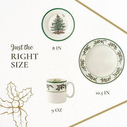 Spode Christmas Tree 12-Piece Dinnerware Set (Service for 4) - Festive Holiday Tableware with Plates & Mugs - Fine Earthenware Christmas Dinnerware - Microwave & Dishwasher Safe