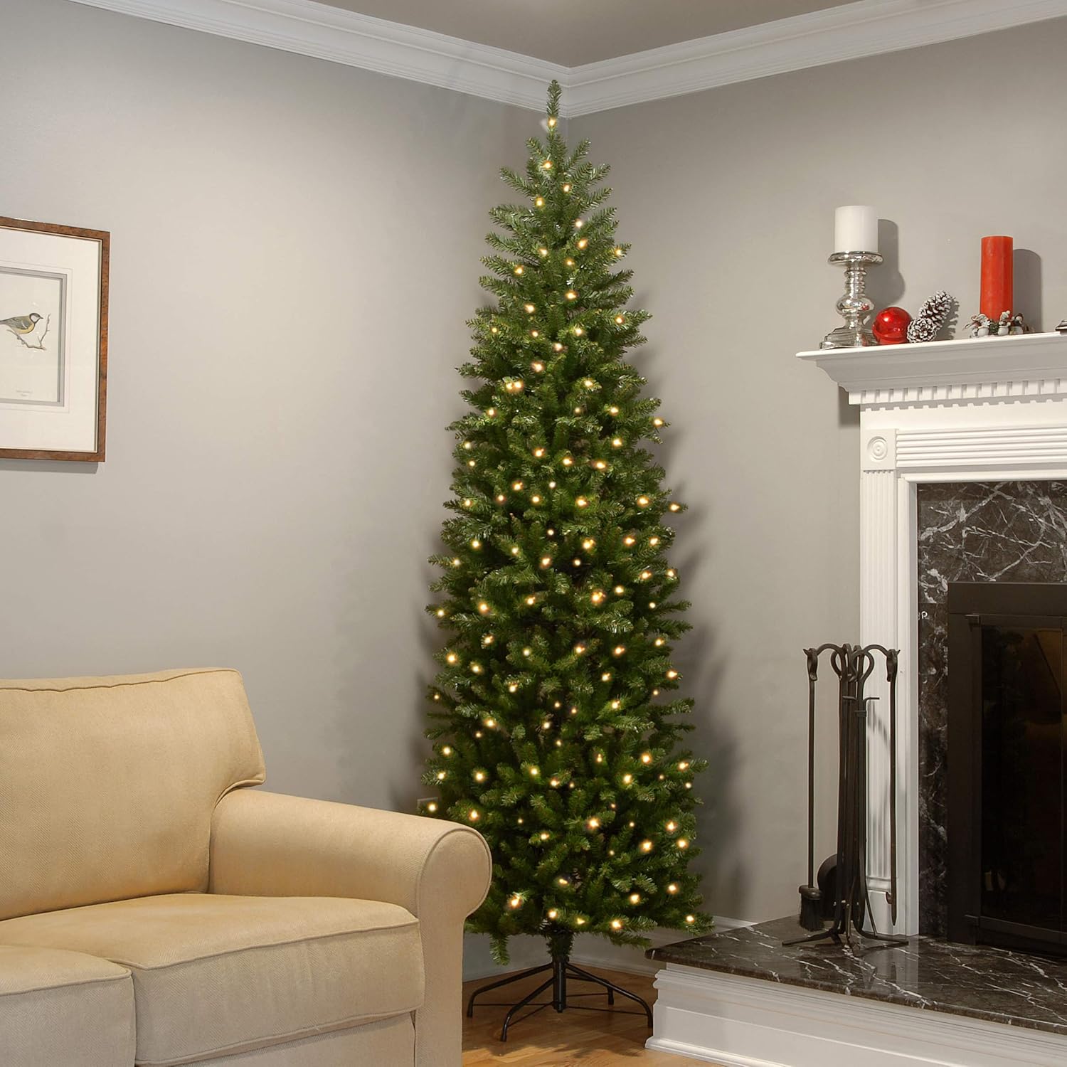 National Tree Company 7 ft Pre-Lit Kingswood Fir Slim Artificial Christmas Tree, 300 Clear Lights, 892 Tips, Includes Stand, Green