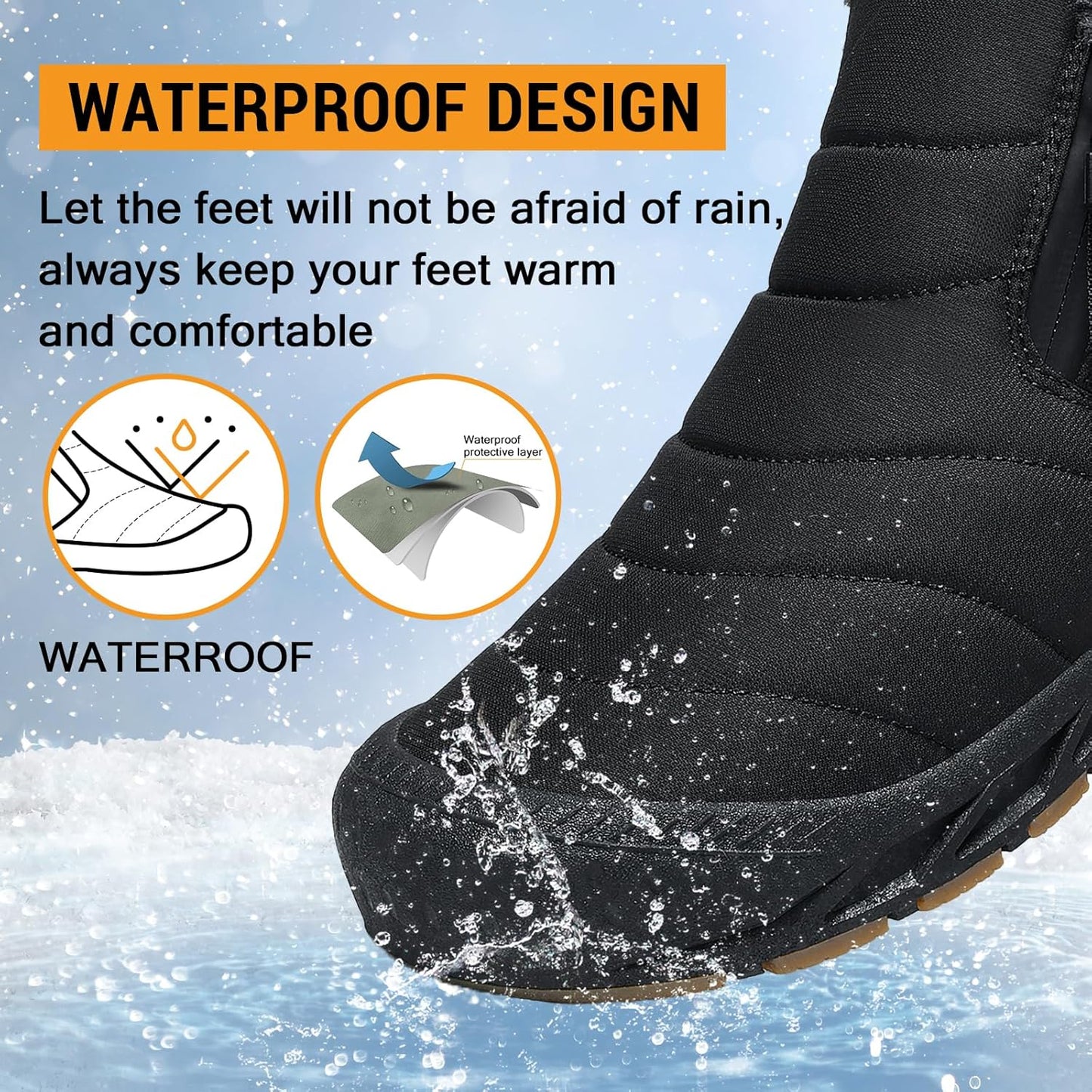 Snow Boots Mens Waterproof Winter Boots Fur Lined Warm Ankle Boots Zipper Closure Slip on Outdoor Boot Comfortable Walking Shoes