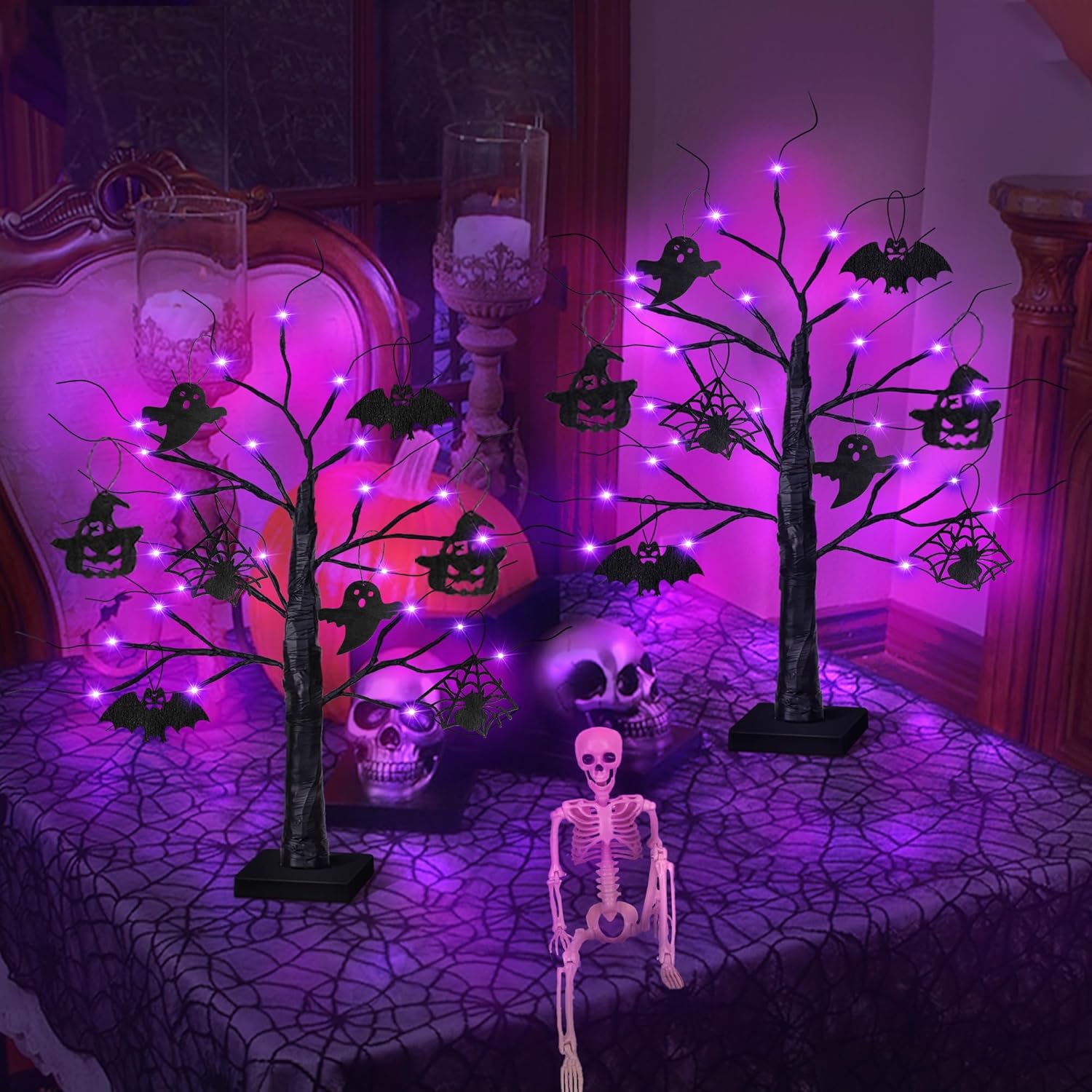 2 Pack 24 Inch Black Halloween Tree with 24 LED Purple Lights, Timer/USB/Battery Operated Halloween Table Decorations Lighted Tree, Cute Halloween Decorations Indoor Home Decor Party Room