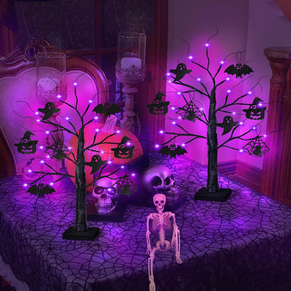 2 Pack 24 Inch Black Halloween Tree with 24 LED Purple Lights, Timer/USB/Battery Operated Halloween Table Decorations Lighted Tree, Cute Halloween Decorations Indoor Home Decor Party Room