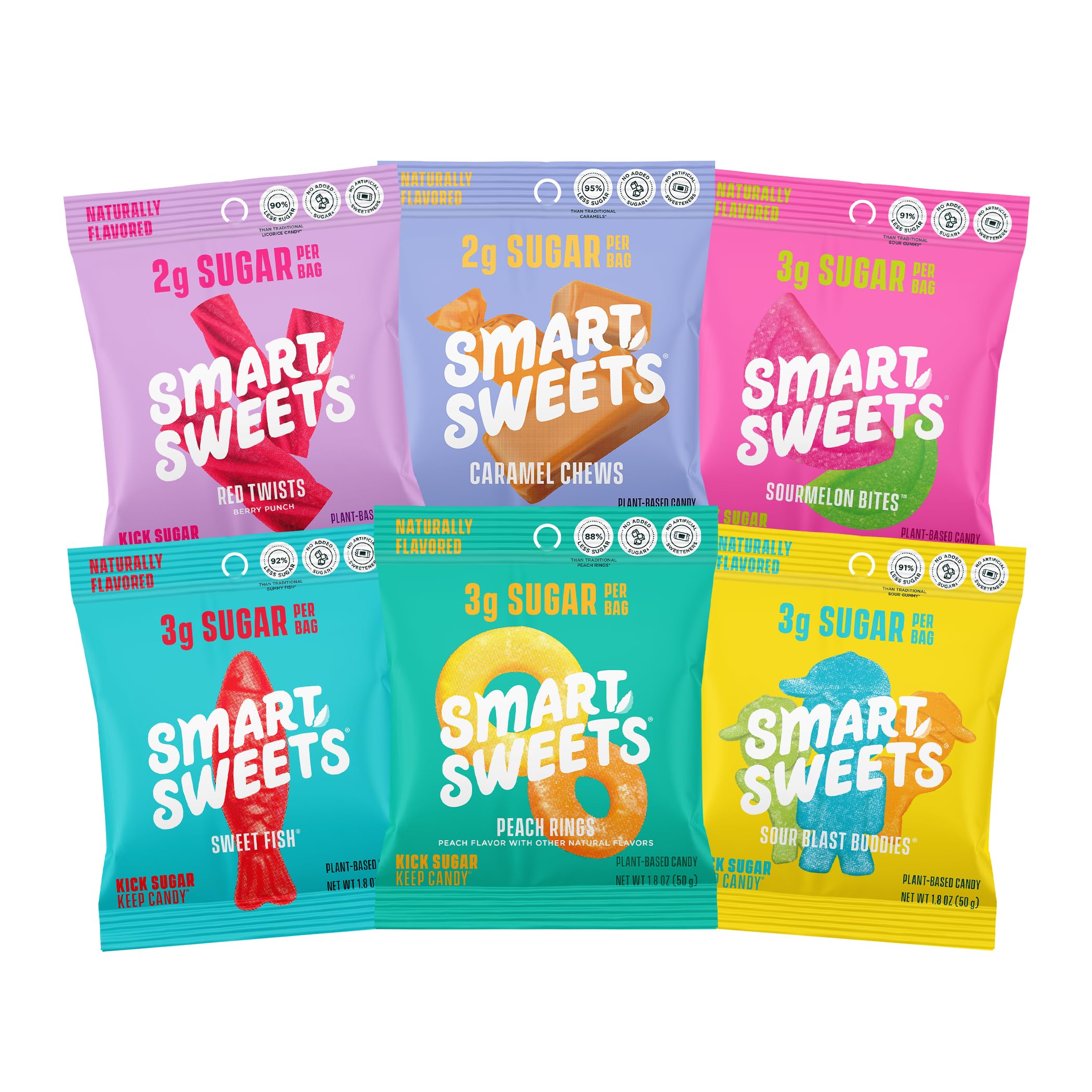SmartSweets Variety Pack, 1.8oz (Pack of 8), Candy With Low Sugar & Calorie, Healthy Snacks For Kids & Adults - Sweet Fish, Sourmelon Bites, Peach Rings, Sour Blast Buddies