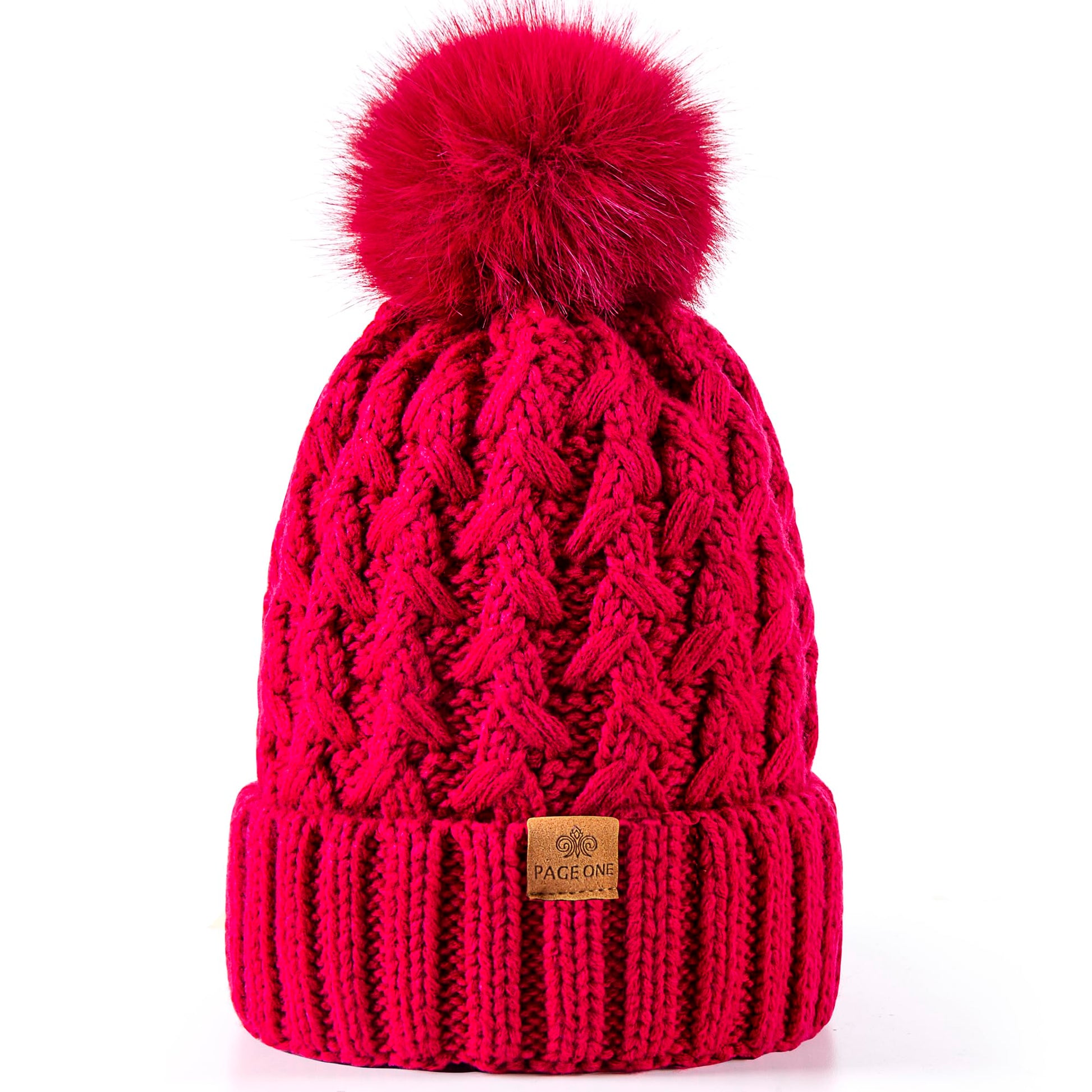 PAGE ONE Womens Winter Ribbed Beanie Crossed Cap Chunky Cable Knit Pompom Soft Warm Hat