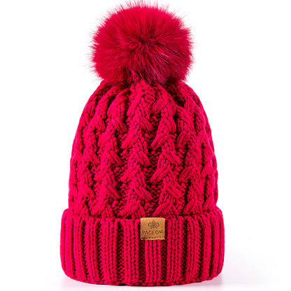 PAGE ONE Womens Winter Ribbed Beanie Crossed Cap Chunky Cable Knit Pompom Soft Warm Hat