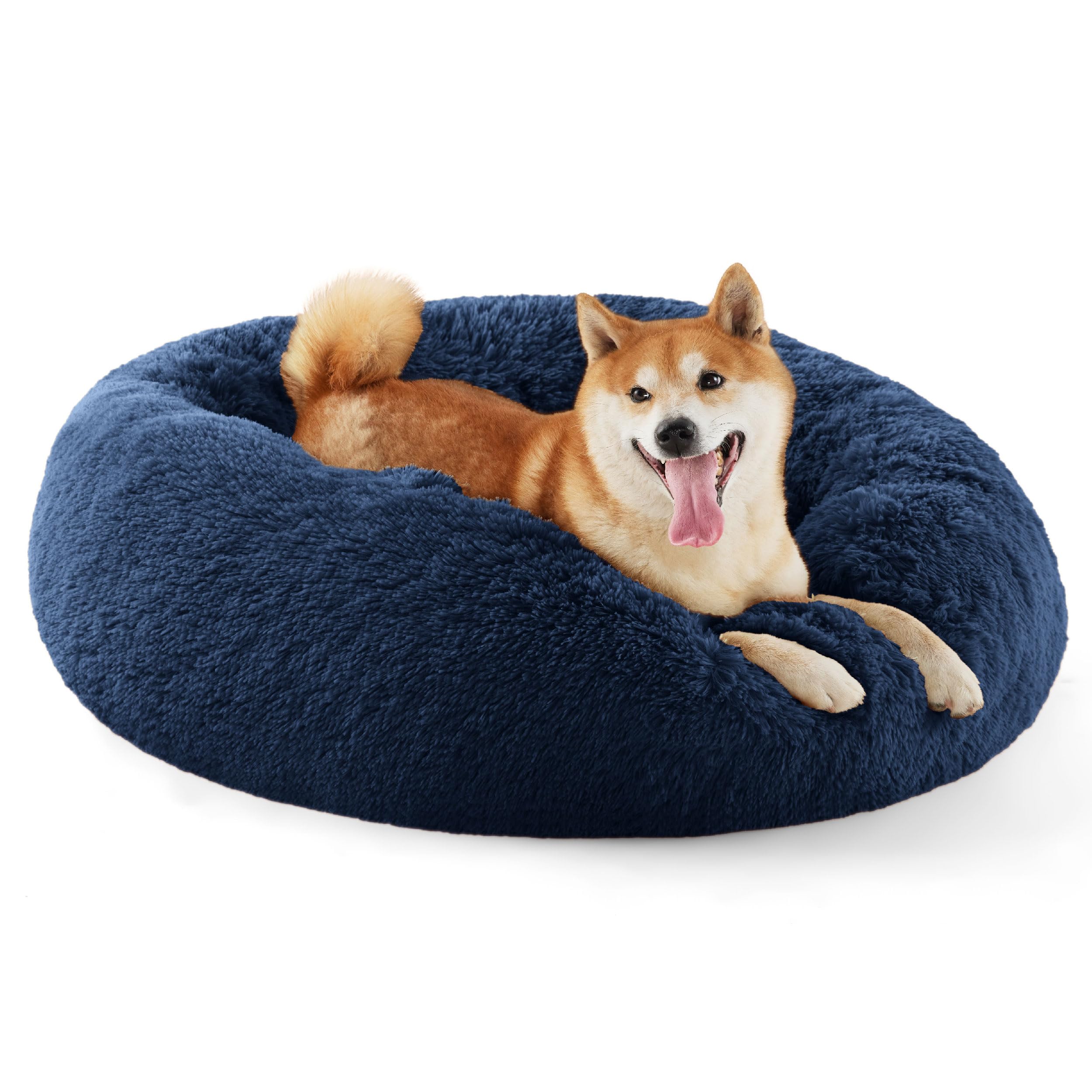 Bedsure Calming Dog Bed for Small Dogs - Donut Washable Small Pet Bed, 23 inches Anti-Slip Round Fluffy Plush Faux Fur Large Cat Bed, Fits up to 25 lbs Pets, Camel