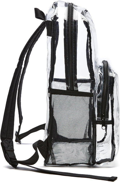 Amazon Basics Transparent School Backpack, With Water-Resistant PVC Plastic Material and Ruggedly Reinforced Shoulder Straps, Clear