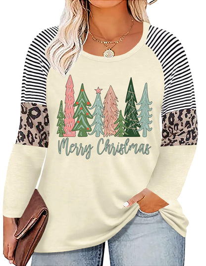 Plus Size Christmas T Shirt Women Xmas Leopard Plaid Trees Print Tees Casual Long Sleeve Holiday Shirts Top