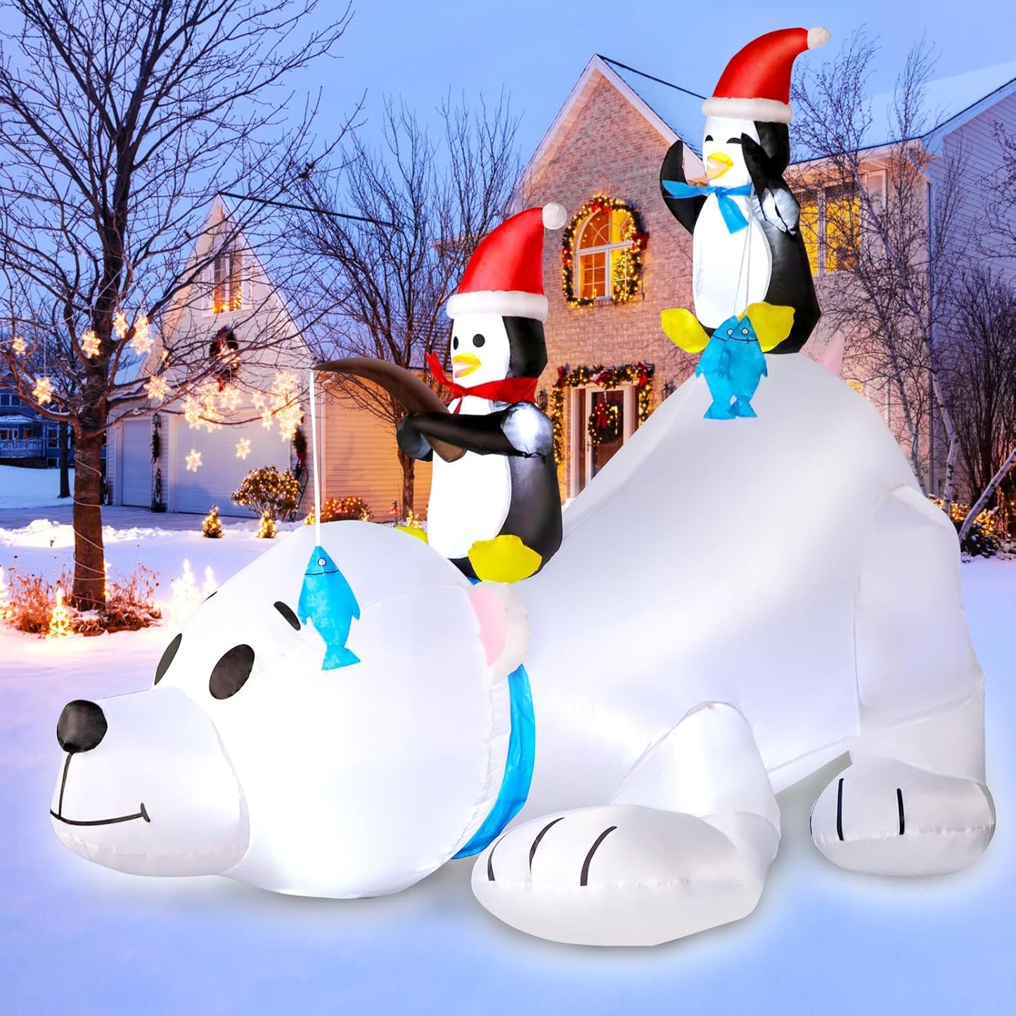 6FT Christmas Inflatable Polar Bear with Penguins Outdoor Decorations, Blow up 2 Penguins Fishing on Big Polar Bear with Bright LED Lights for Xmas Decor Outside Indoor Yard Garden Lawn Holiday Party