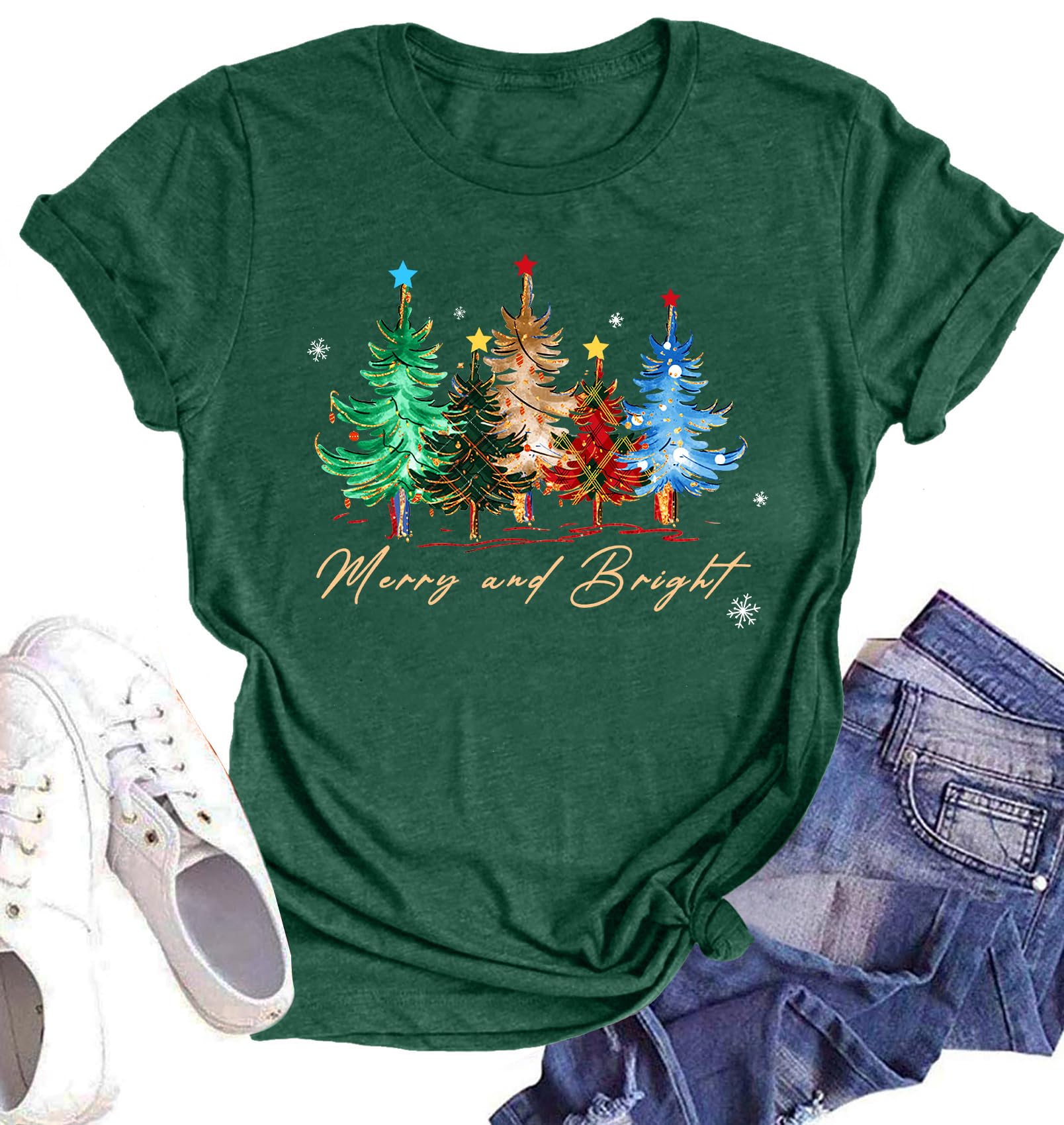 Believe Christmas Shirt for Women Christmas Tree Graphic T-Shirts Believe Letter Print Tees Holiday Tops