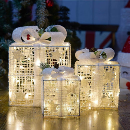 Set of 3 Christmas Lighted Gift Boxes, Pre-lit 60LED Light Up Present Boxes Ornament Outdoor, Boxes with Gold Snowflake, Battery Operated Christmas Decorations for Indoor Home, Party, Lawn Decor