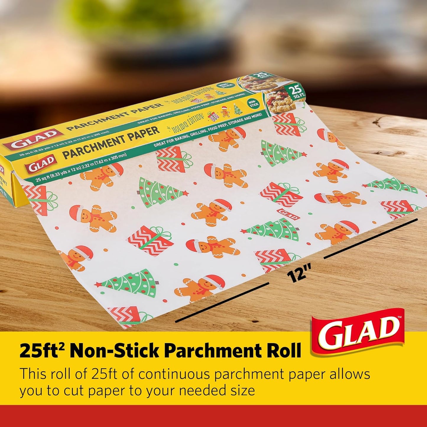 Glad Holly Jolly Printed Parchment Paper Roll – Holiday Design Parchment Paper; Baking Parchment for Christmas Cookies, Holiday Baking Paper, 25 Sq. Ft