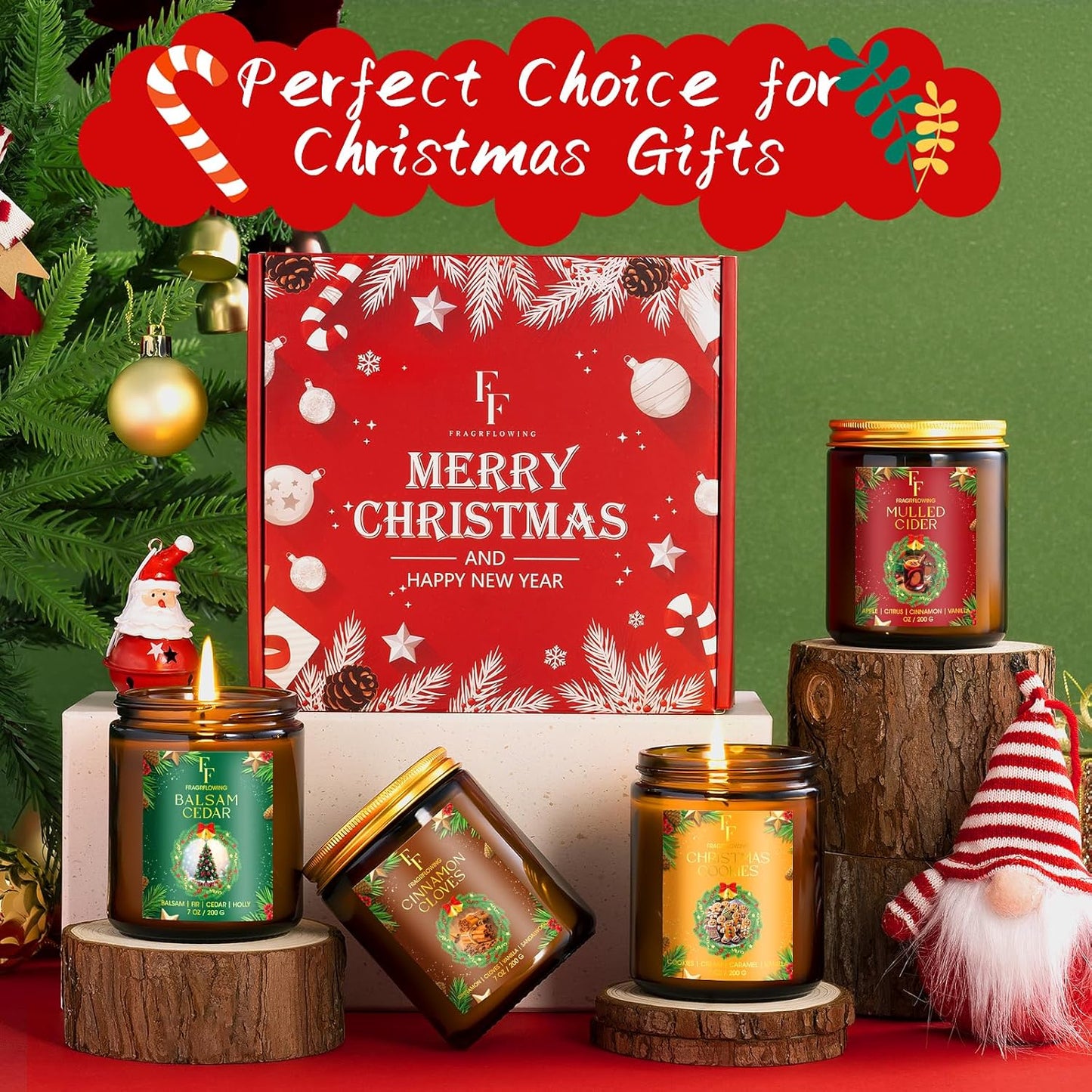 Christmas Candles Set, Scented Candles for Home, 4 Pack Holiday Natural Soy Candles, Christmas Gifts for Women Men, Festival Fragrance of Balsam Cedar/Cookies/Mulled Cider/Cinnamon