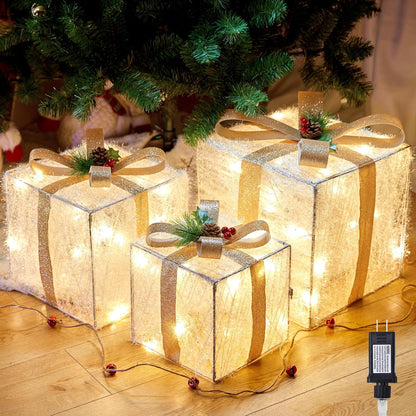 3 Pieces Lighted Gift Boxes Christmas Decorations, 12in 10in 8in with 60 Pre-Strung Mini String Lights, Foldable Light up Present Boxes for Indoor Outdoor Holiday Party Christmas Yard Home Art Decor