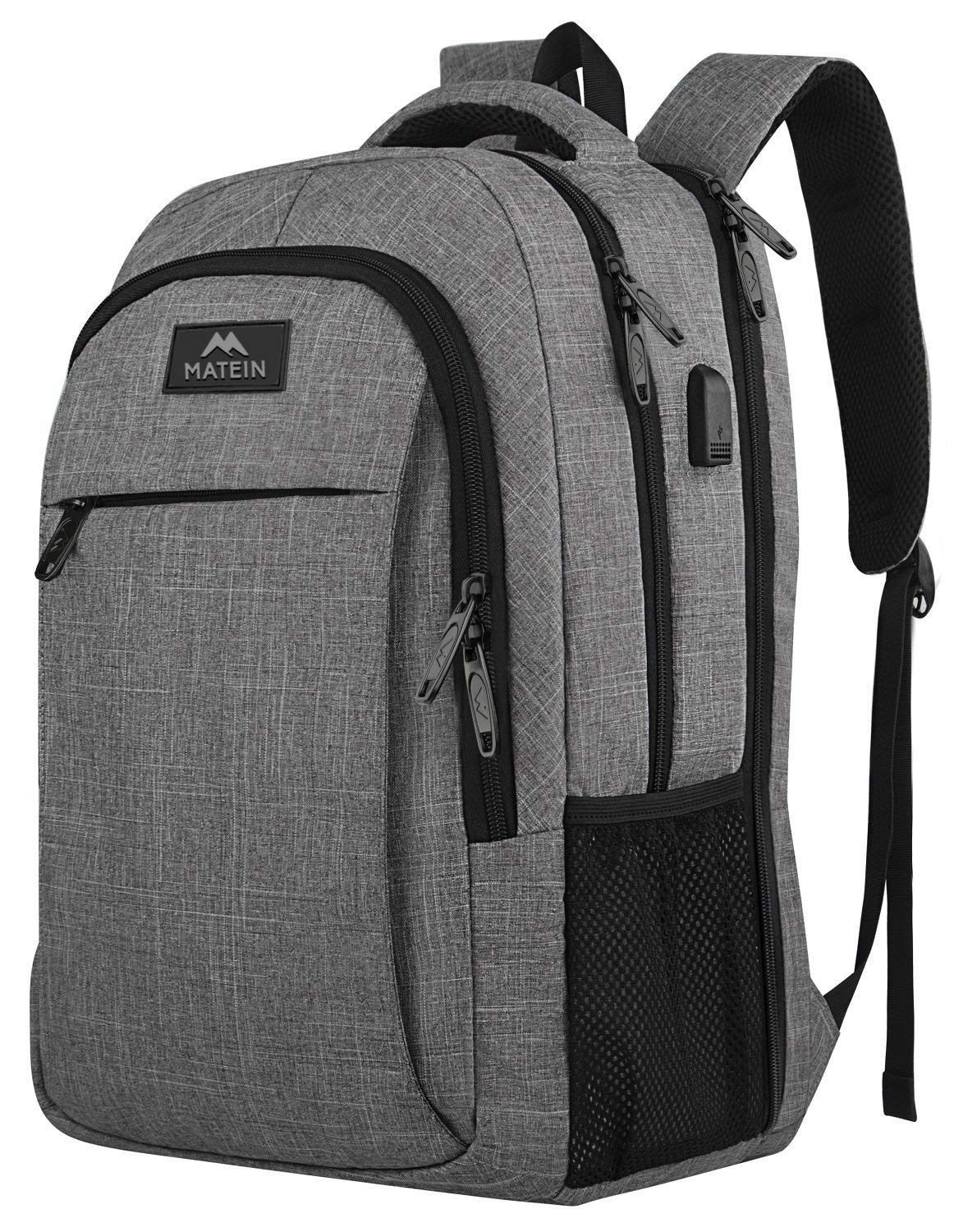 MATEIN Travel Laptop Backpack, Business Anti Theft Slim Sturdy Laptops Backpack with USB Charging Port, Water Resistant College School Computer Bag Gift for Men & Women Fits 15.6 Inch Notebook, Grey