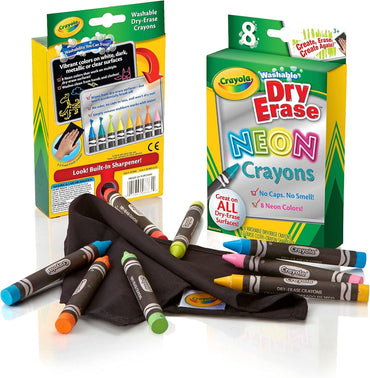 Crayola, Dry-Erase Neon Crayons, Art Tools, 8 Count, Washable, Perfect for Classroom Art Activities, Includes Sharpener and Erase Cloth