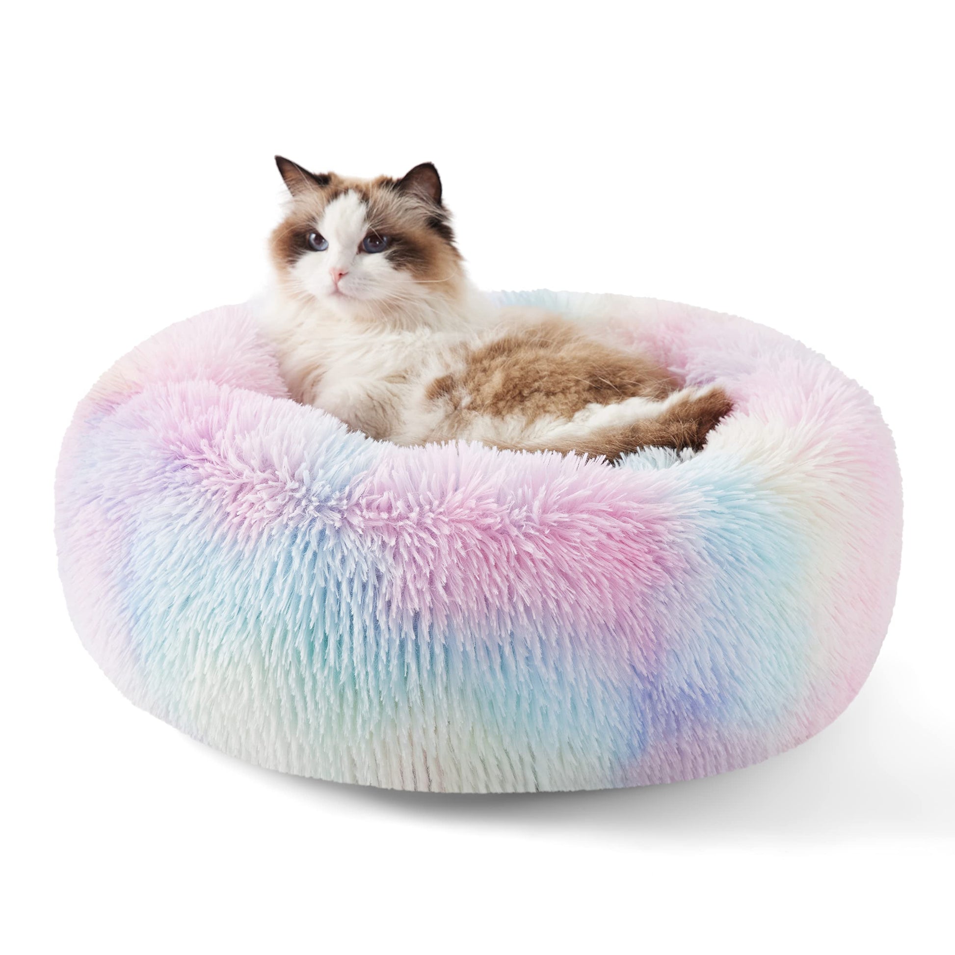 Bedsure Calming Dog Bed for Small Dogs - Donut Washable Small Pet Bed, 23 inches Anti-Slip Round Fluffy Plush Faux Fur Large Cat Bed, Fits up to 25 lbs Pets, Camel