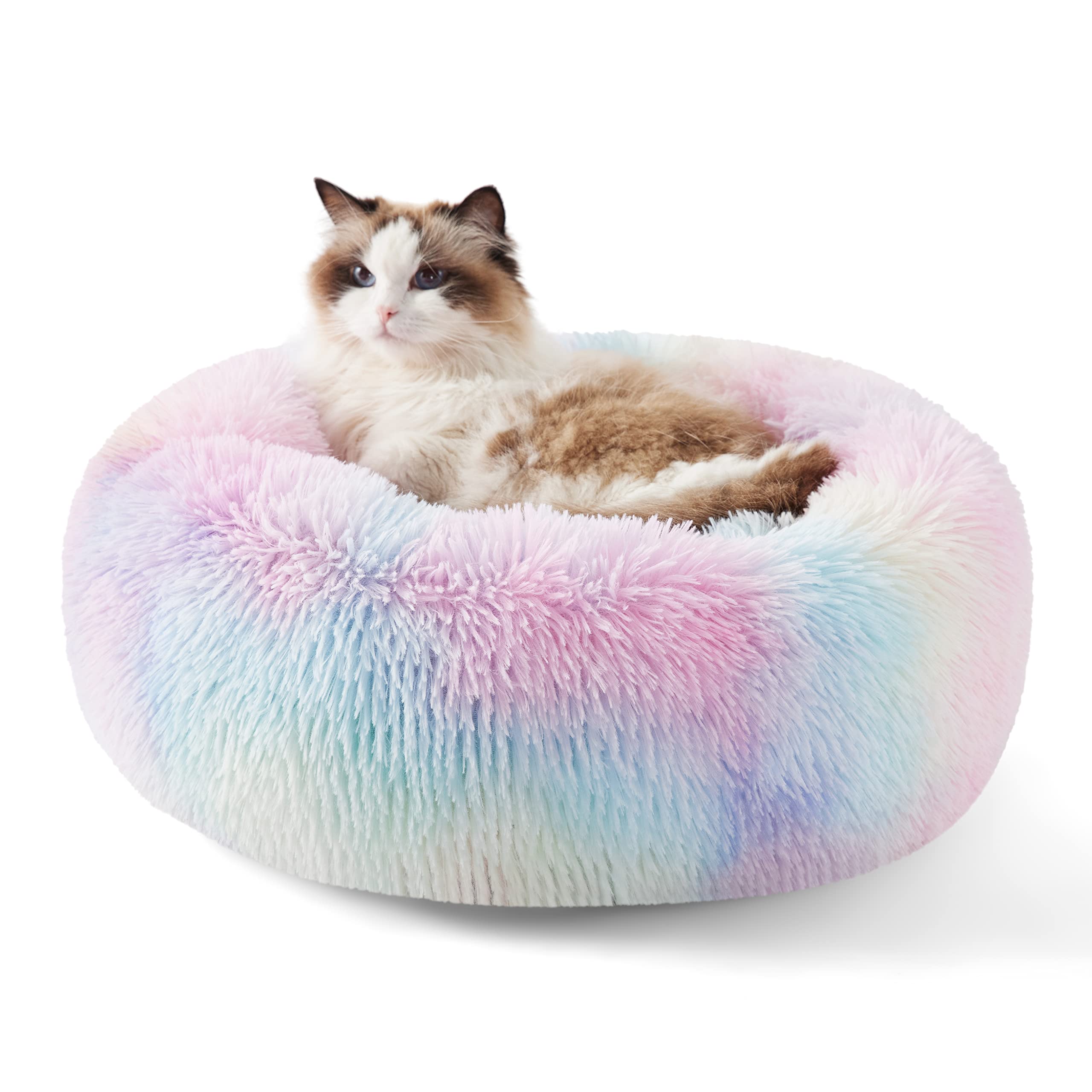 Bedsure Calming Dog Bed for Small Dogs - Donut Washable Small Pet Bed, 23 inches Anti-Slip Round Fluffy Plush Faux Fur Large Cat Bed, Fits up to 25 lbs Pets, Camel