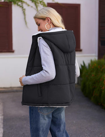 YUCOLEN Womens Puffer Vest Reversible Hooded Fleece Coat Quilted Zip Up Sleeveless Jacket Winter Outerwear with Pockets