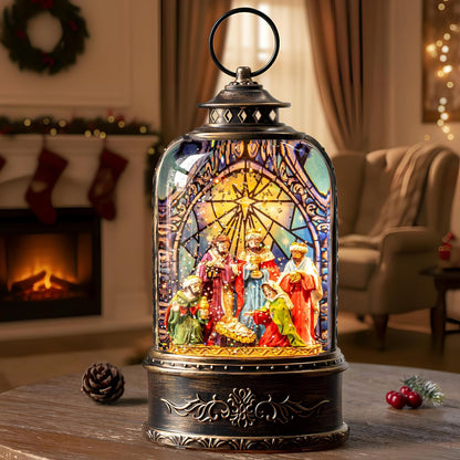 Christmas Snow Globe Swirling Glittering Nativity Scene with Music, USB Lined/Battery Operated Lighted Water Lantern for Christmas Festival Decoration Gifts
