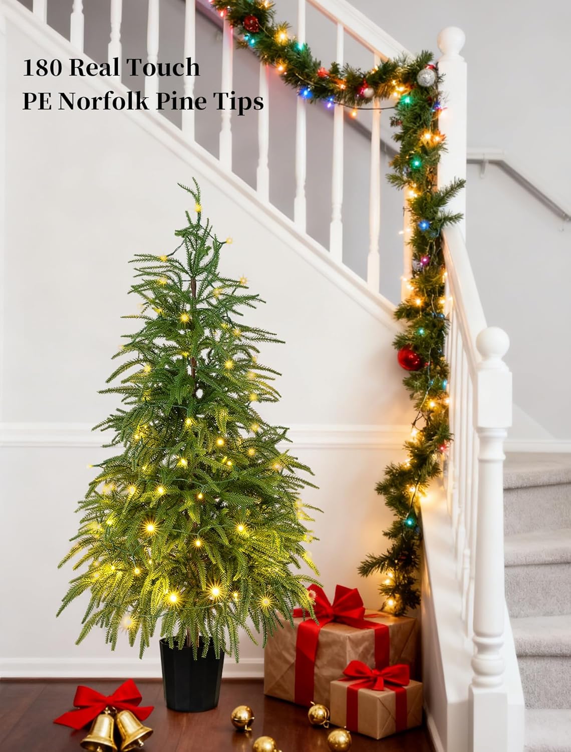 BLOSMON Outdoor Christmas Trees for Porch: 4 Ft Norfolk Pine Tree with 100 LED Lights Remote Control Timer 8 Lighting Modes - Small Artificial Cypress Trees Indoor Table Top Decor