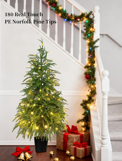 BLOSMON Outdoor Christmas Trees for Porch: 4 Ft Norfolk Pine Tree with 100 LED Lights Remote Control Timer 8 Lighting Modes - Small Artificial Cypress Trees Indoor Table Top Decor
