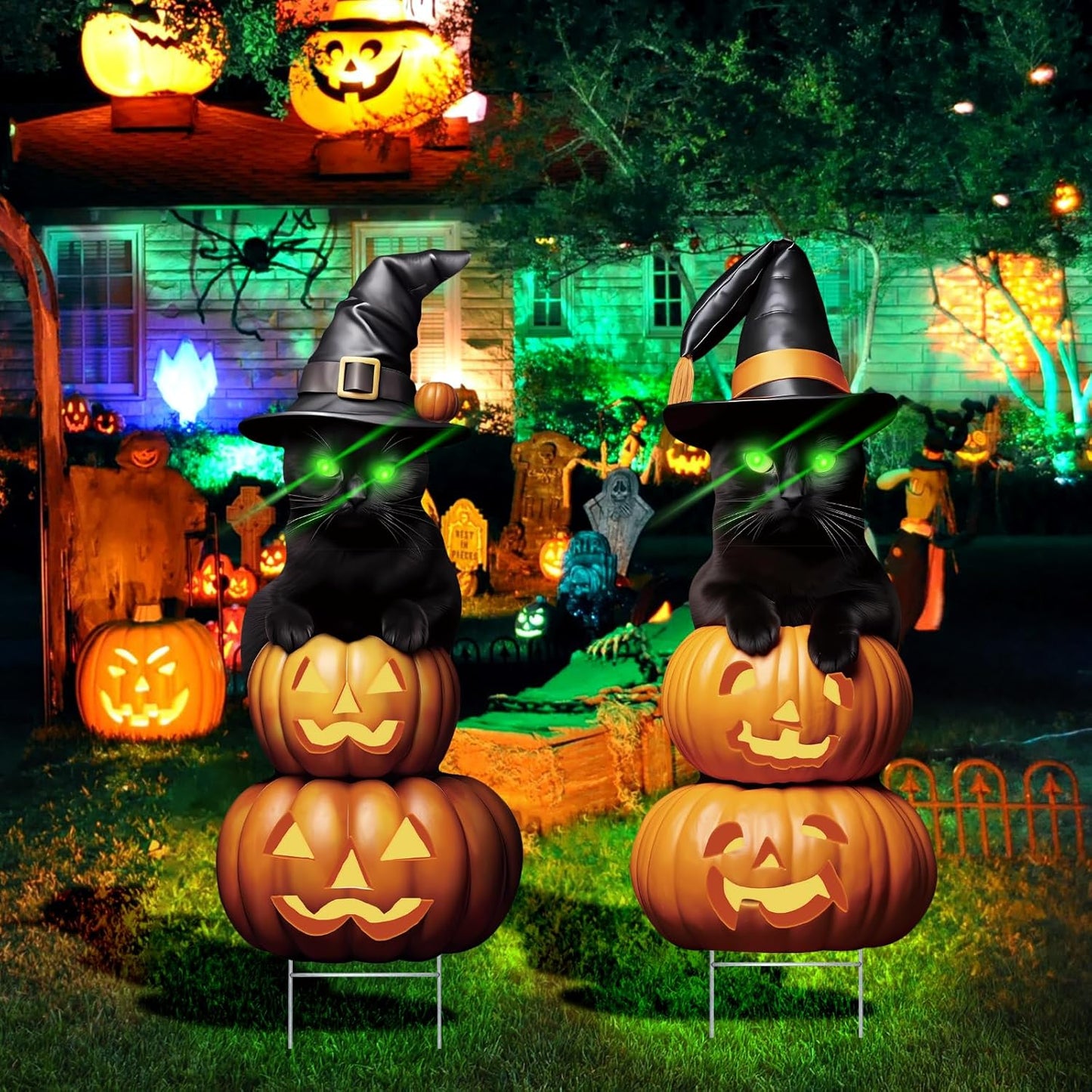 2Pcs 4.0FT Black Cat Halloween Decorations Outdoor- Plastic Yard Signs With Stakes, Spooky Pumpkin Outdoor Decor, Scary Silhouette With Glow in Dark Eyes for Yard, Lawn, Garden