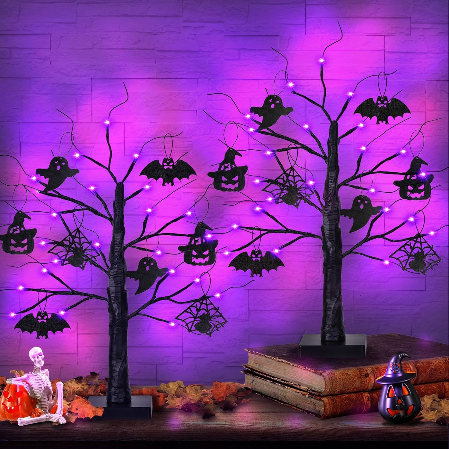 2 Pack 24 Inch Black Halloween Tree with 24 LED Purple Lights, Timer/USB/Battery Operated Halloween Table Decorations Lighted Tree, Cute Halloween Decorations Indoor Home Decor Party Room