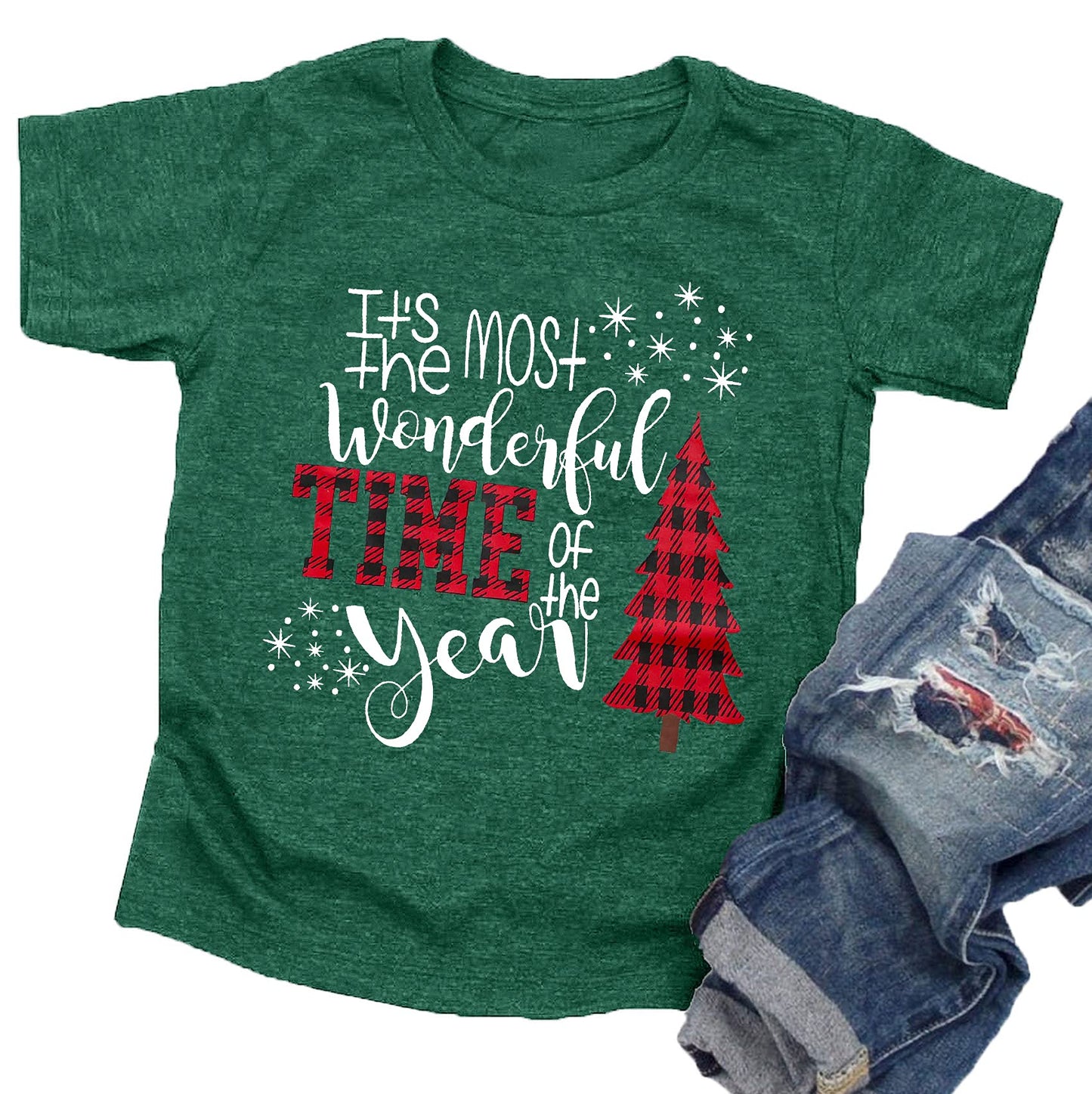 Christmas Shirts Toddler Boys Girls Xmas Buffalo Plaid Trees T-Shirt Christmas Graphic Tees Holiday Tops