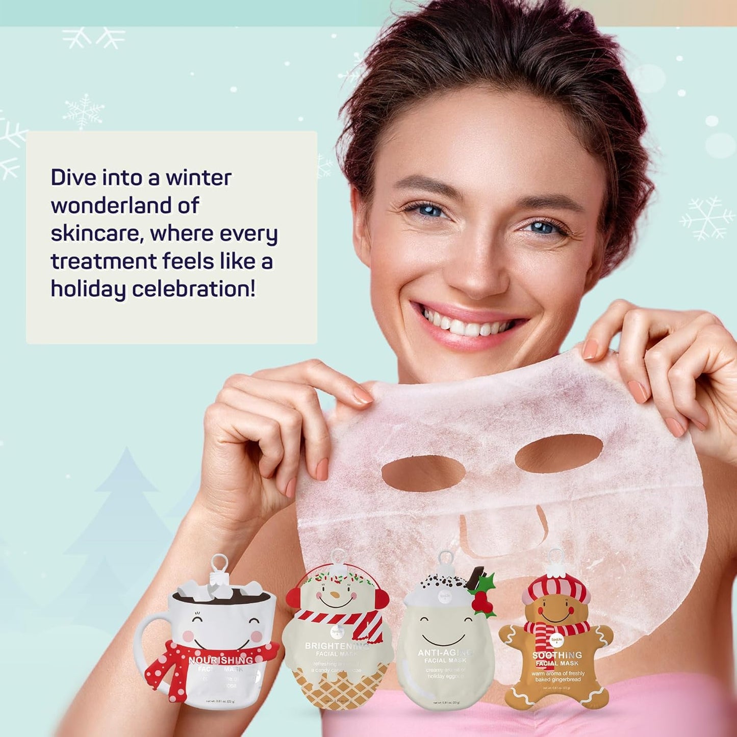 SpaLife Beauty Holiday Treats Christmas Face Mask Bundle | Korean Facial Mask | Hydrating, Soothing and Moisturizing Sheet Mask Set | Stocking Stuffers for Women | Bulk Christmas Gifts | 12 Pack
