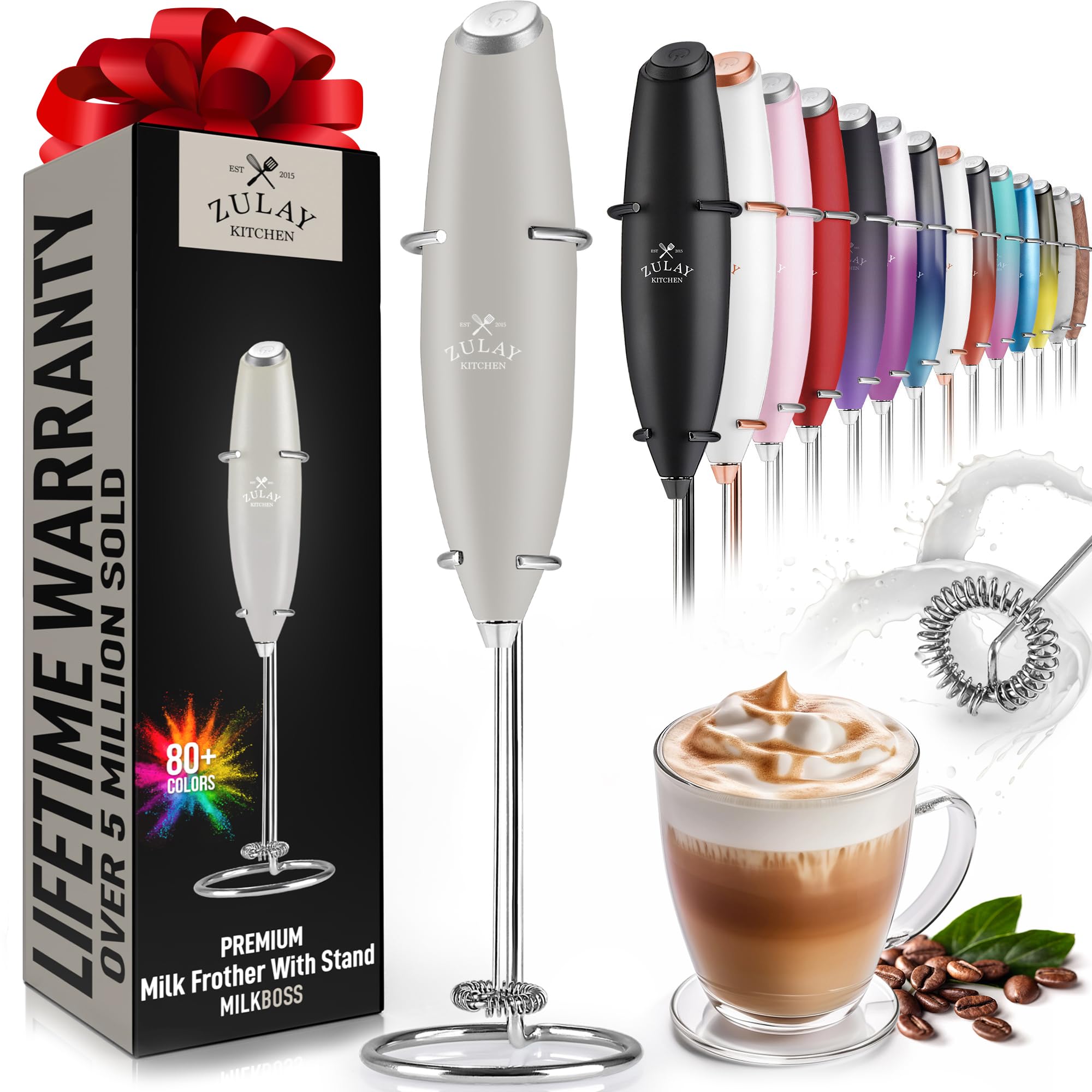 Zulay Kitchen Powerful Milk Frother Wand With 2 Duracell Batteries - Ultra Fast Handheld Drink Mixer - Electric Whisk Foam Maker for Coffee, Lattes, Cappuccino, Matcha, Hot Chocolate & Creamer - Black