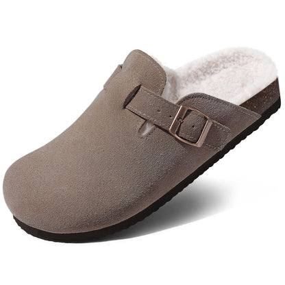 KIDMI Women's Fur Lined Suede Clogs Fuzzy Cork Footbed Mules Slip On Winter Potato Shoes