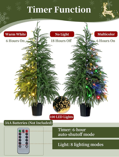 BLOSMON Outdoor Christmas Trees for Porch: 4 Ft Norfolk Pine Tree with 100 LED Lights Remote Control Timer 8 Lighting Modes - Small Artificial Cypress Trees Indoor Table Top Decor
